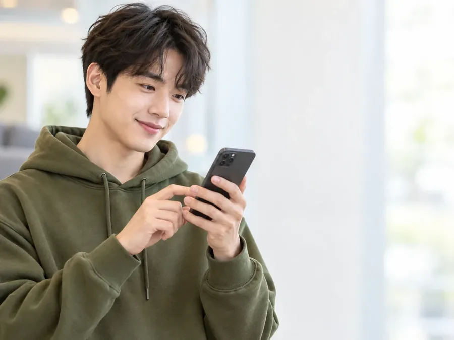 밝은 방에서 휴대폰 화면을 보며 웃는 카키색 후드티 차림 남성