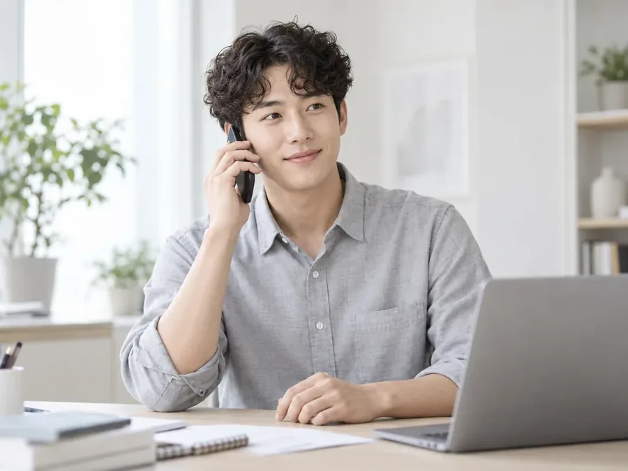 노트북 앞에서 휴대폰으로 통화하는 남성