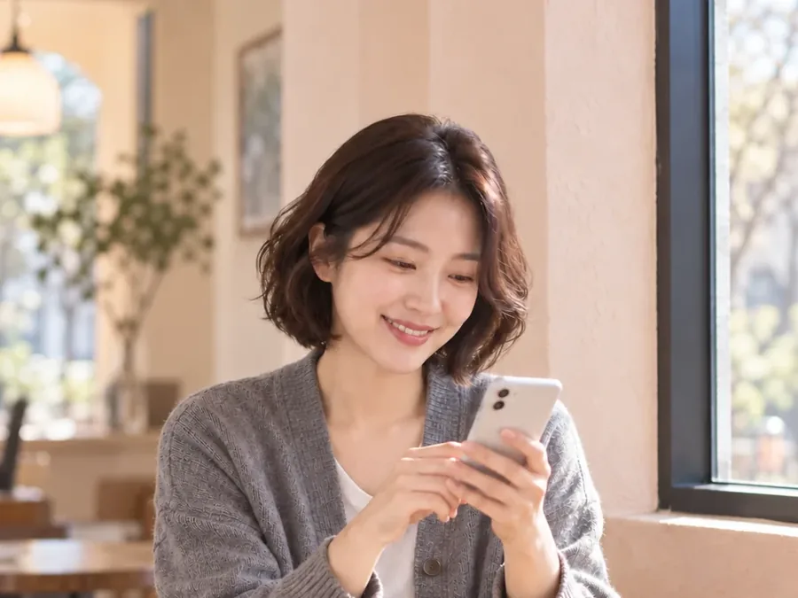 소액결제현금화 휴대폰 화면을 엄지로 누르며 웃는 여성 24시 바로