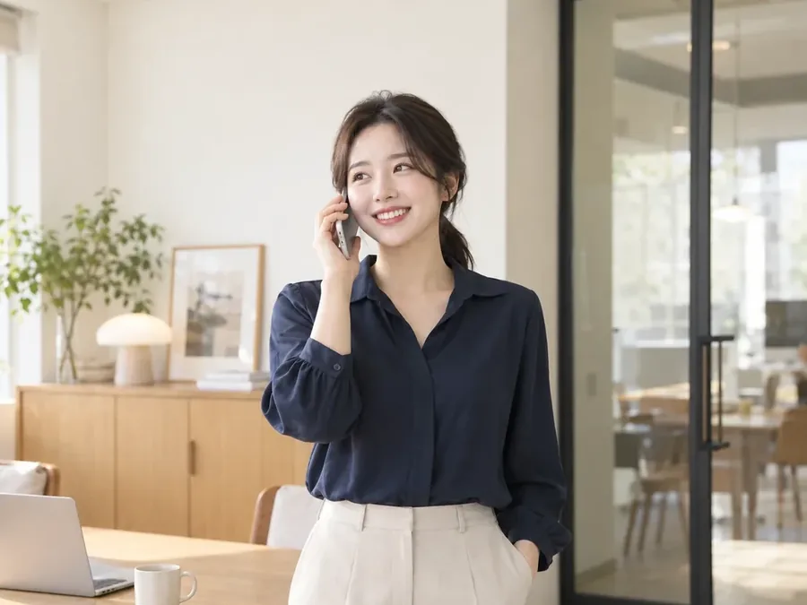 거실에서 휴대폰으로 통화하는 여성