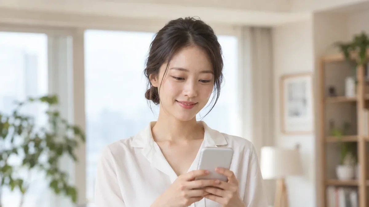 휴대폰을 두 손으로 든 흰 셔츠 차림 여성
