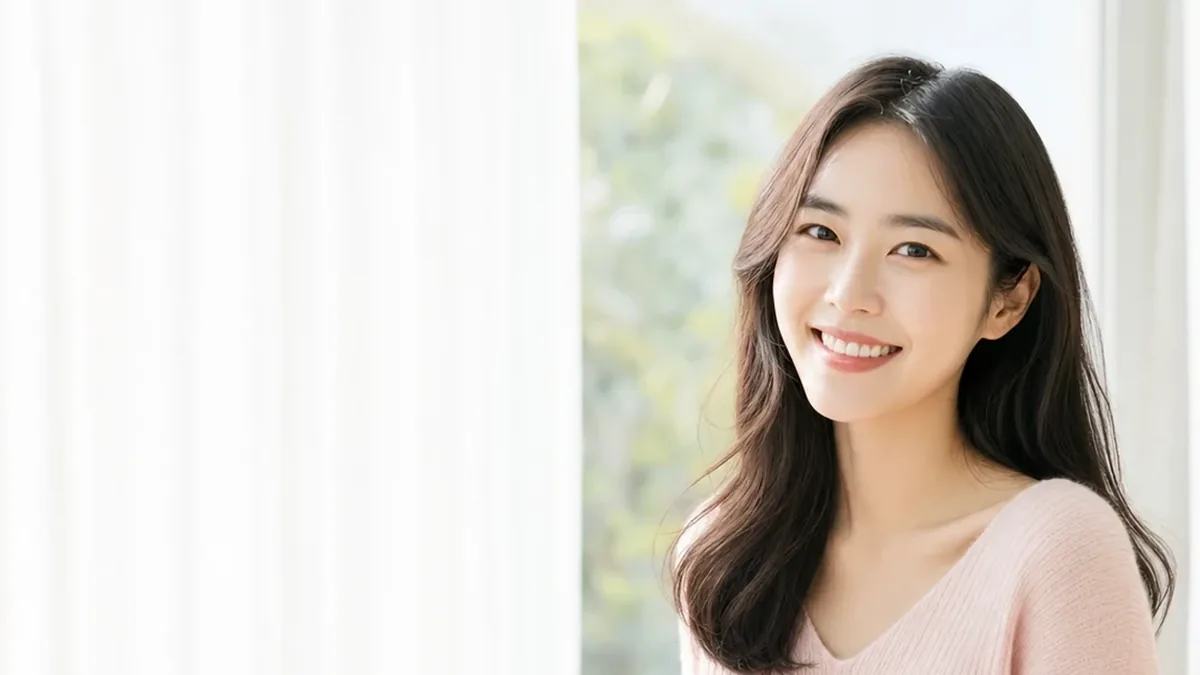 창가에서 웃는 분홍 니트 여성