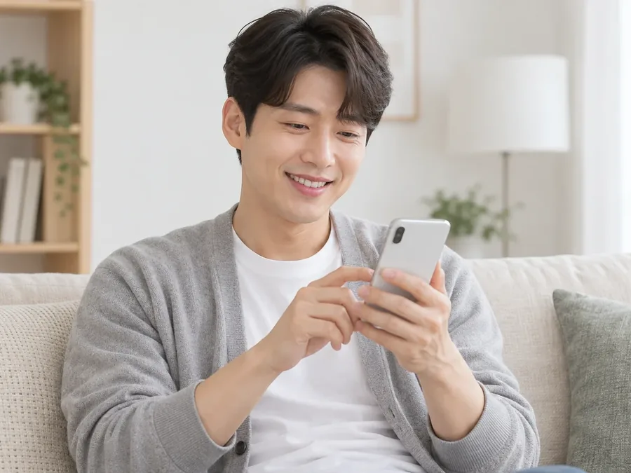 거실에서 휴대폰을 보며 웃는 남성