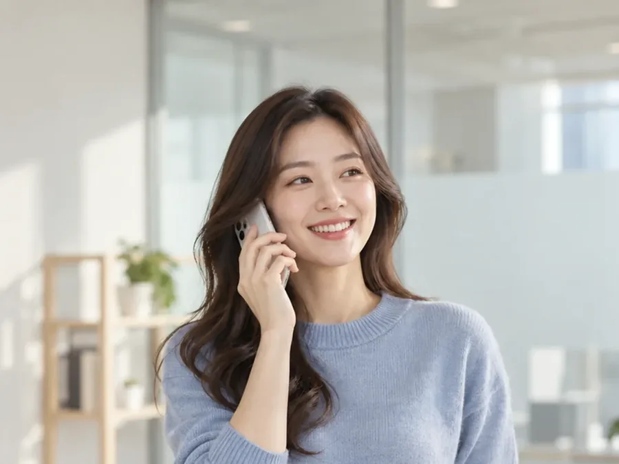 휴대폰으로 통화하며 웃는 하늘색 니트 여성