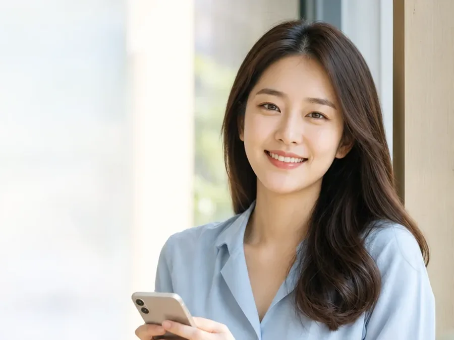 휴대폰을 들고 웃는 하늘색 셔츠 여성
