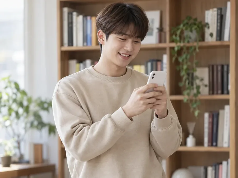 책장 앞에서 휴대폰을 보는 남성