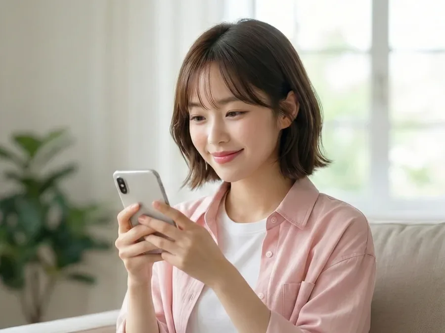 SKT 소액결제현금화 소파에서 휴대폰 화면을 보는 여성 24시 바로
