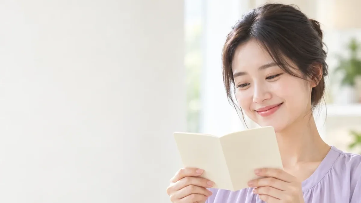 종이를 펼쳐 들고 웃는 여성
