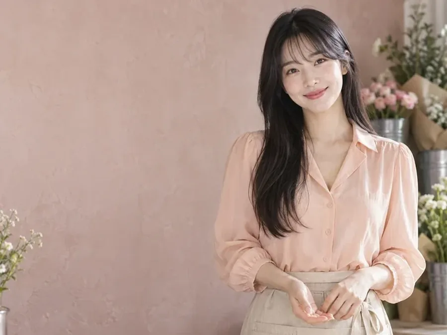 분홍 블라우스 차림으로 웃는 여성