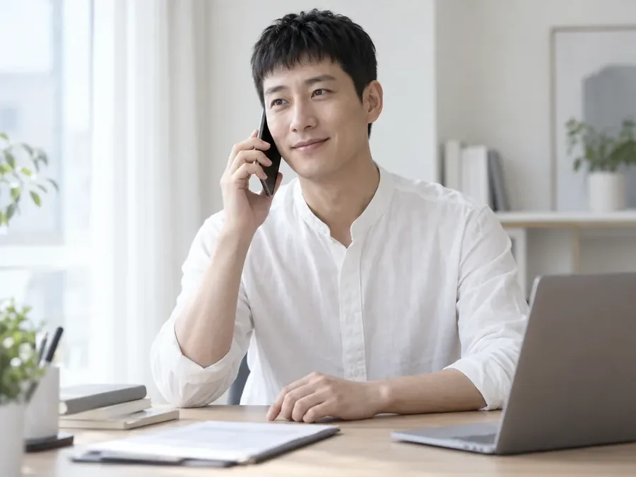 노트북 앞에서 휴대폰으로 통화하는 흰 셔츠 남성