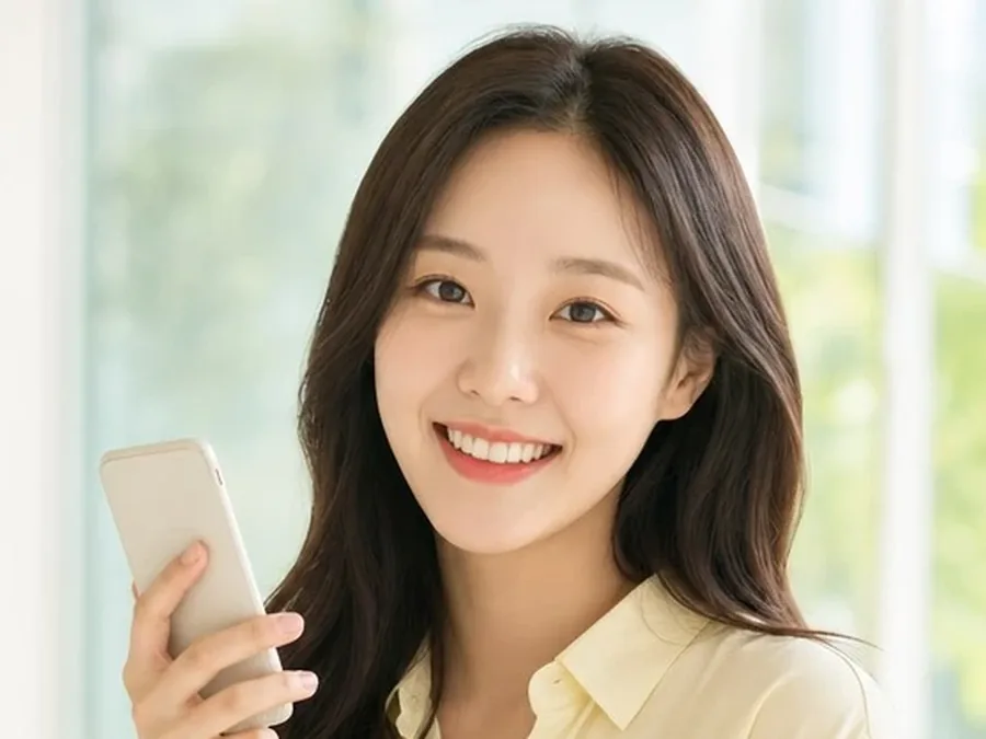 휴대폰을 들고 활짝 웃는 여성