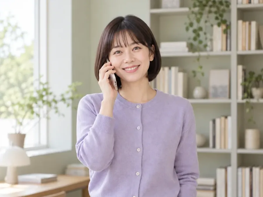 휴대폰으로 통화하는 연보라 카디건 여성