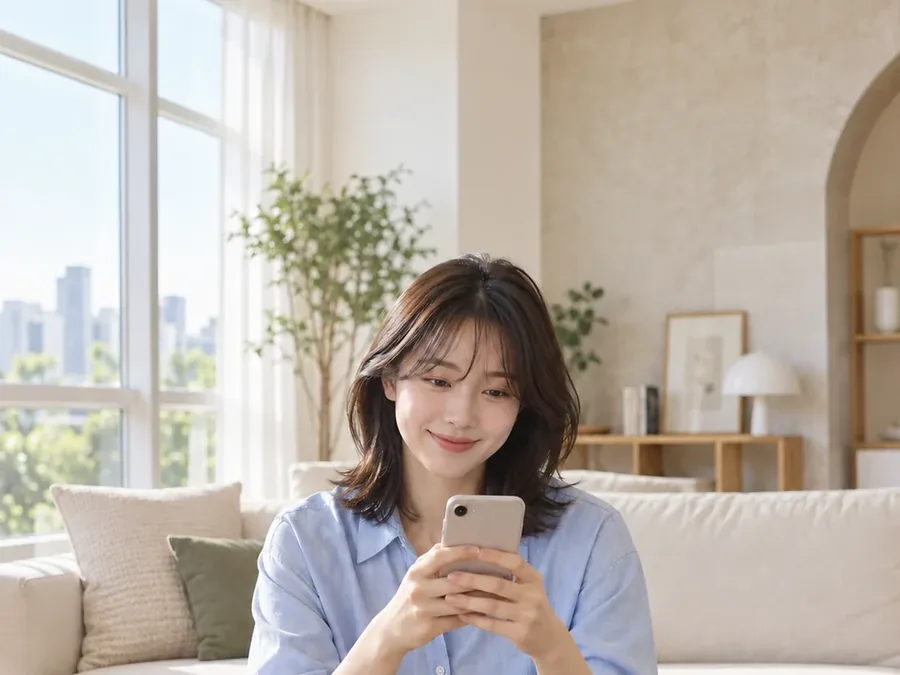 LG U+ 소액결제현금화 소파에서 휴대폰을 보는 여성 24시 바로