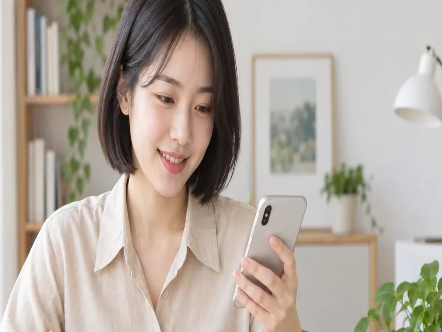 휴대폰을 들고 웃는 셔츠 차림 여성