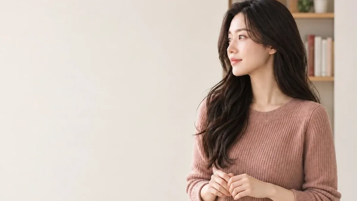 창가에 선 갈색 니트 차림 여성