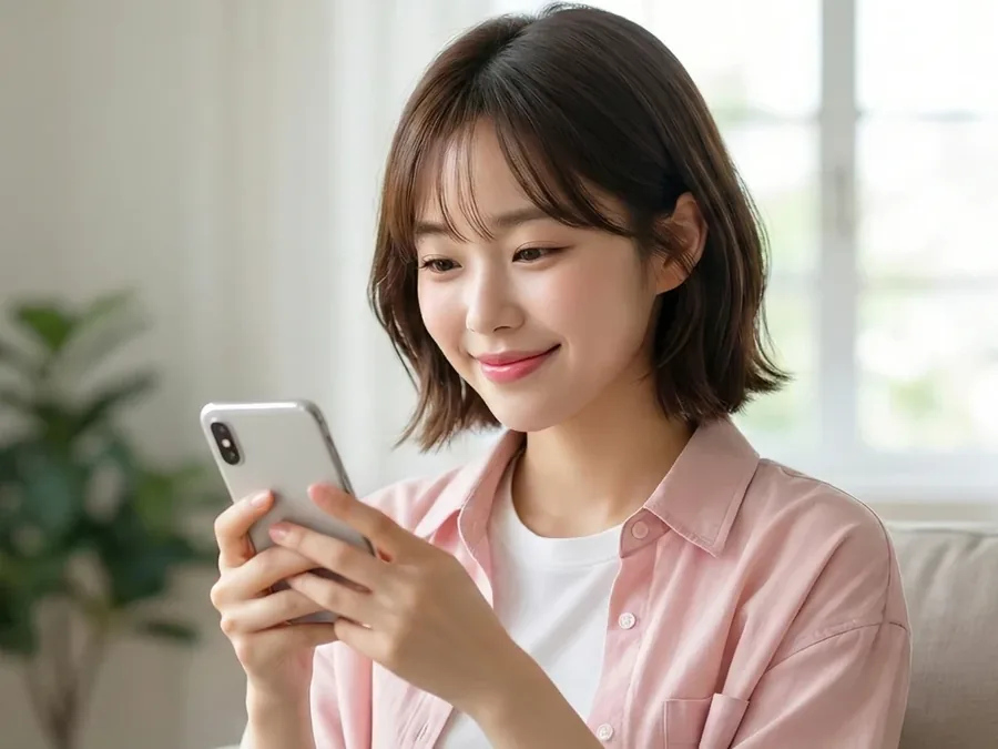 소액결제 미납 밝은 거실에서 휴대폰을 보며 웃는 분홍 셔츠 차림 여성 24시 바로