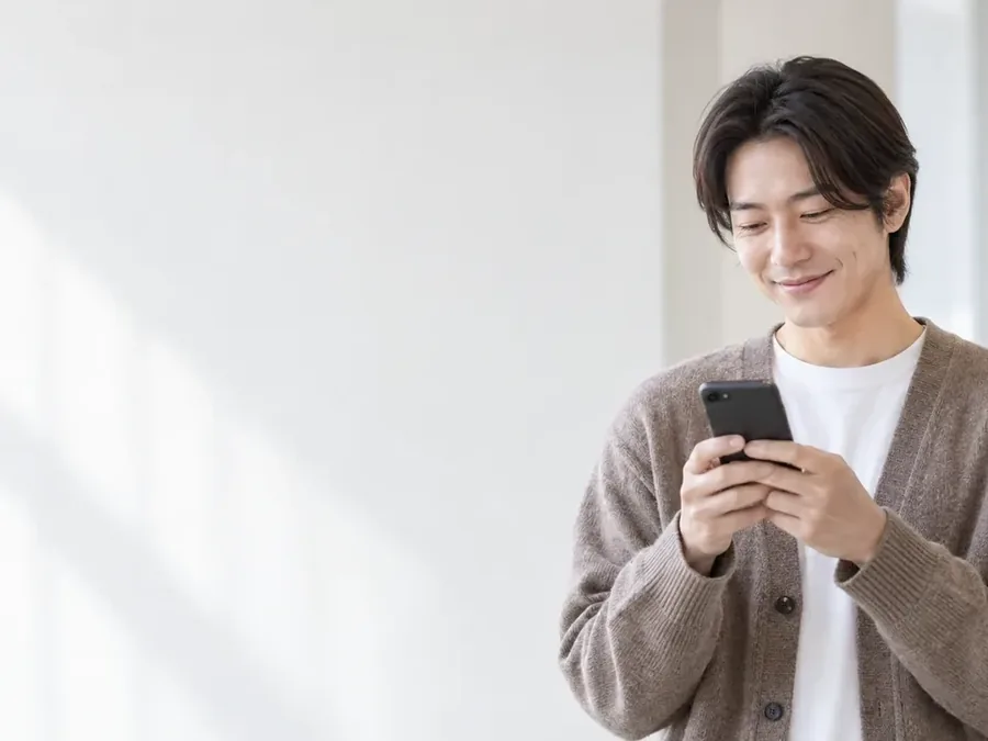 흰 벽 앞에서 휴대폰을 보며 미소 짓는 회색 카디건 차림 남성