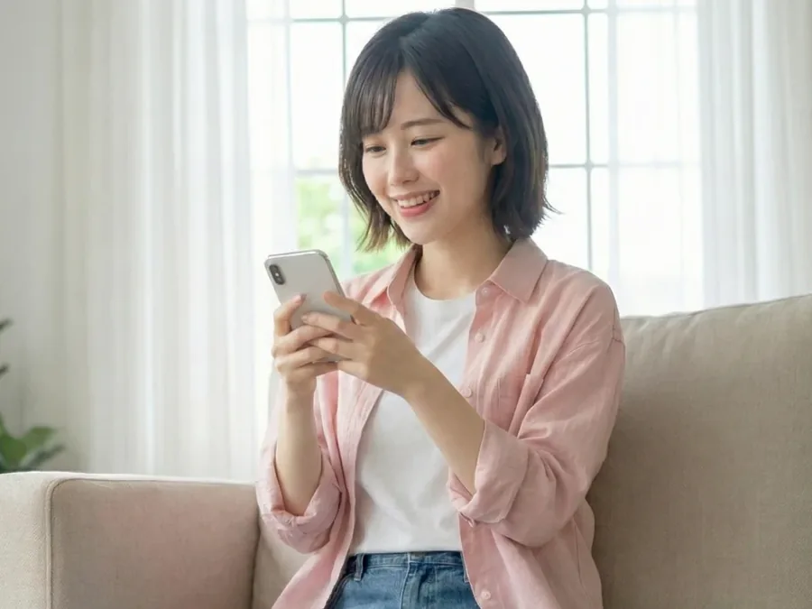 소파에서 휴대폰을 보는 여성