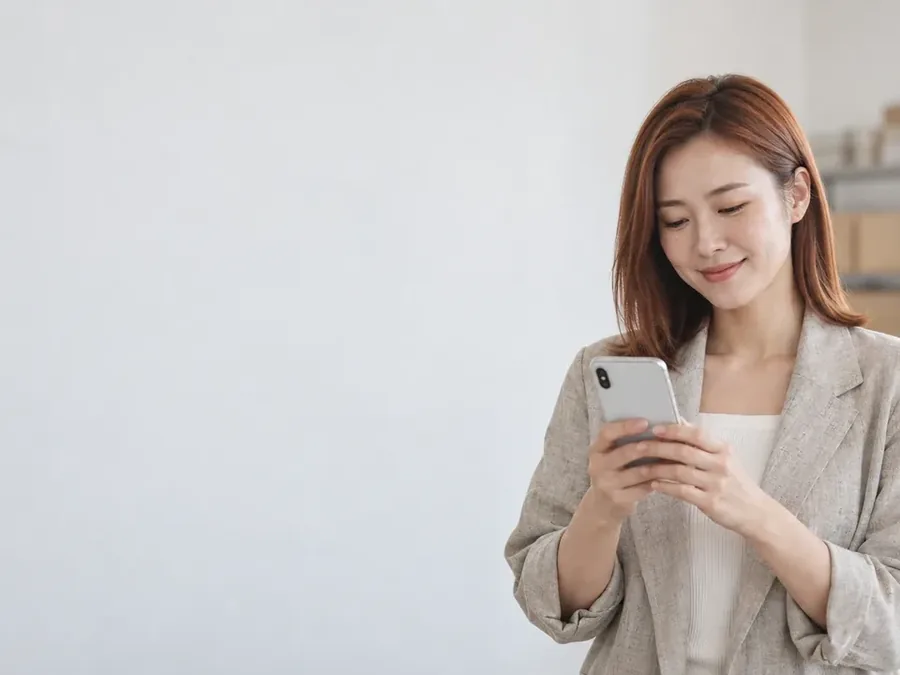 소액결제 미납 밝은 창가에서 휴대폰 화면을 내려다보는 재킷 차림 여성 24시 바로