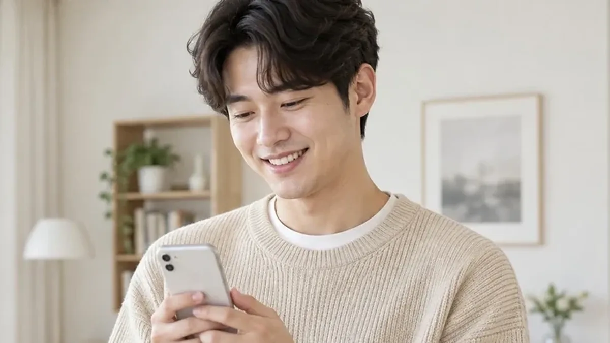 휴대폰을 보며 웃는 니트 차림 남성
