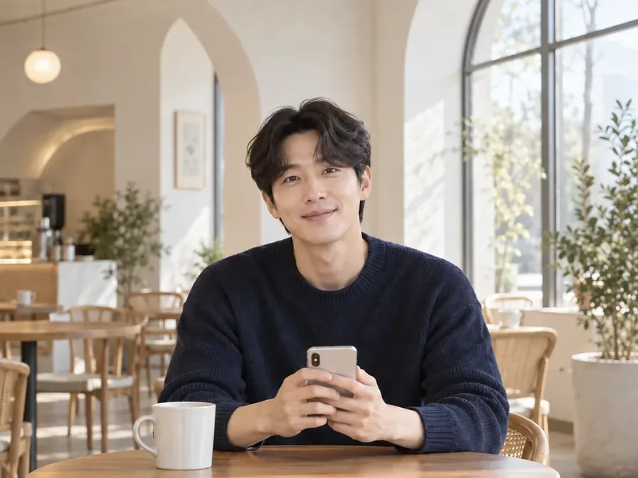 아치 창이 있는 카페의 원탁에 앉아 휴대폰을 든 남색 니트 남성