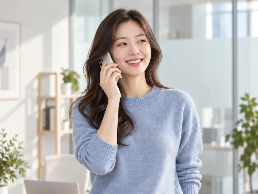소액결제 미납 확인 밝은 방에서 휴대폰으로 통화하며 웃는 하늘색 니트 여성 24시 바로