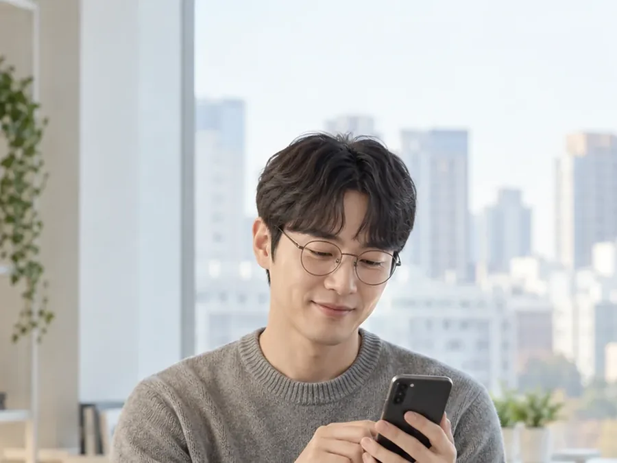 도시가 보이는 창가에서 휴대폰을 보는 안경 쓴 회색 니트 남성