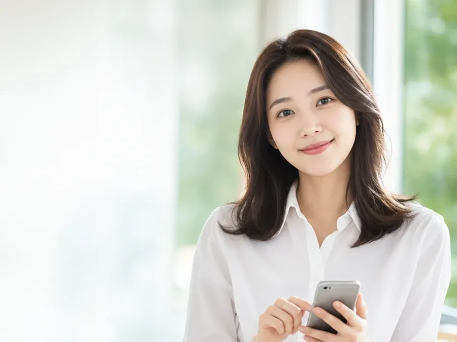 흰 셔츠 차림으로 휴대폰을 든 여성
