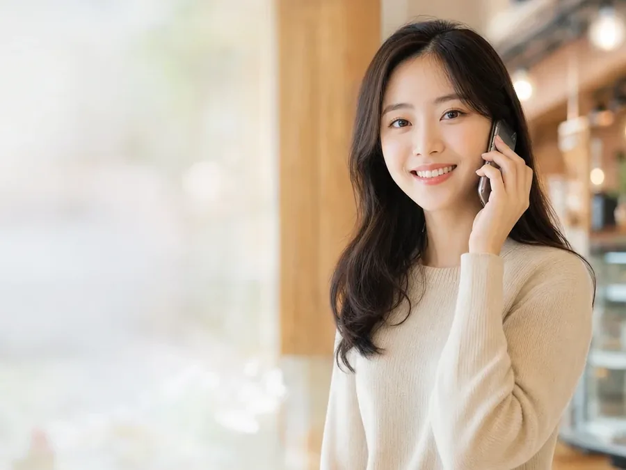 휴대폰으로 통화하며 웃는 여성