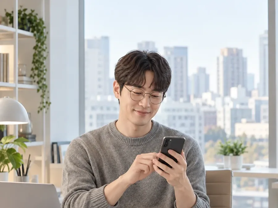 소액결제 미납 납부 뒤 창가 책상에서 휴대폰을 보는 남성 24시 바로