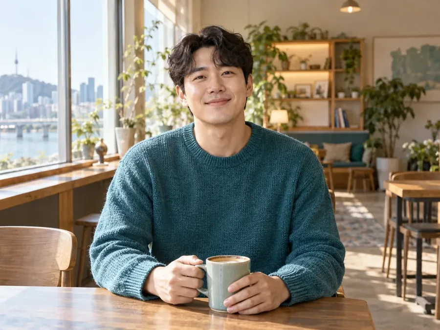 카페에서 머그잔을 들고 웃는 남성
