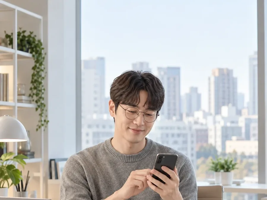 도시가 보이는 창가에서 휴대폰을 보는 안경 쓴 남성