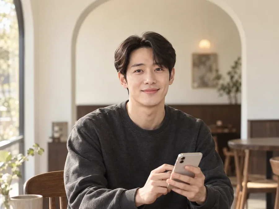 원탁에 앉아 휴대폰을 든 남성