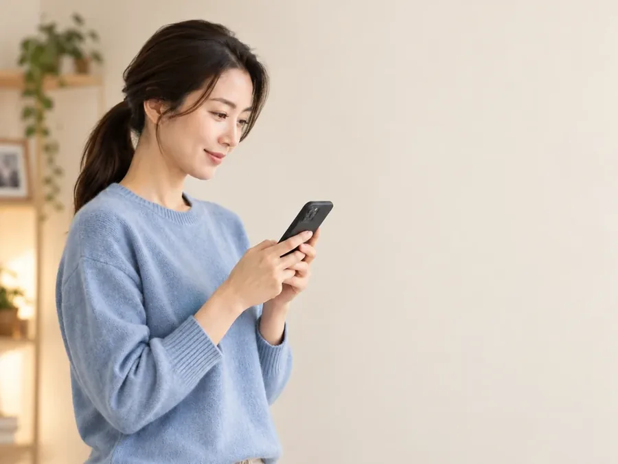소액결제 정책 휴대폰 화면을 보는 하늘색 니트 여성 24시 바로