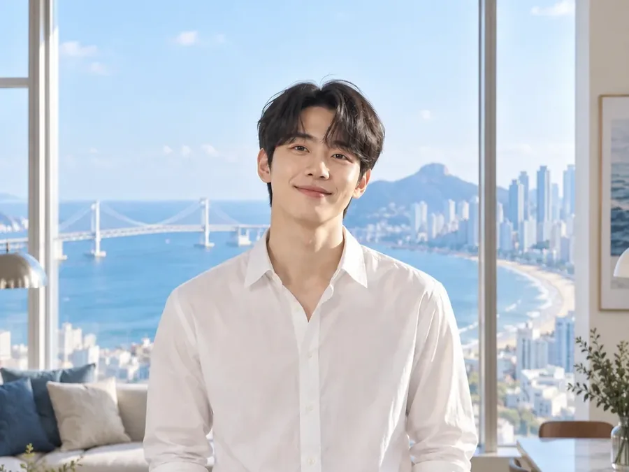 바다가 보이는 창가에 선 흰 셔츠 차림 남성