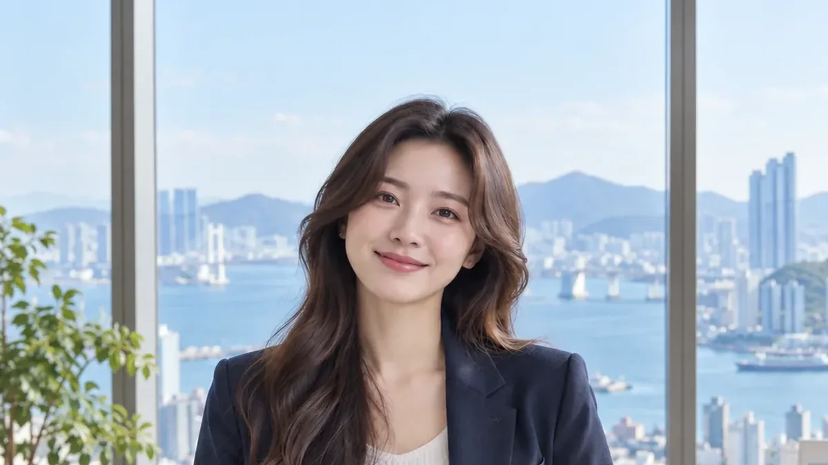 도시가 보이는 창가의 재킷 차림 여성