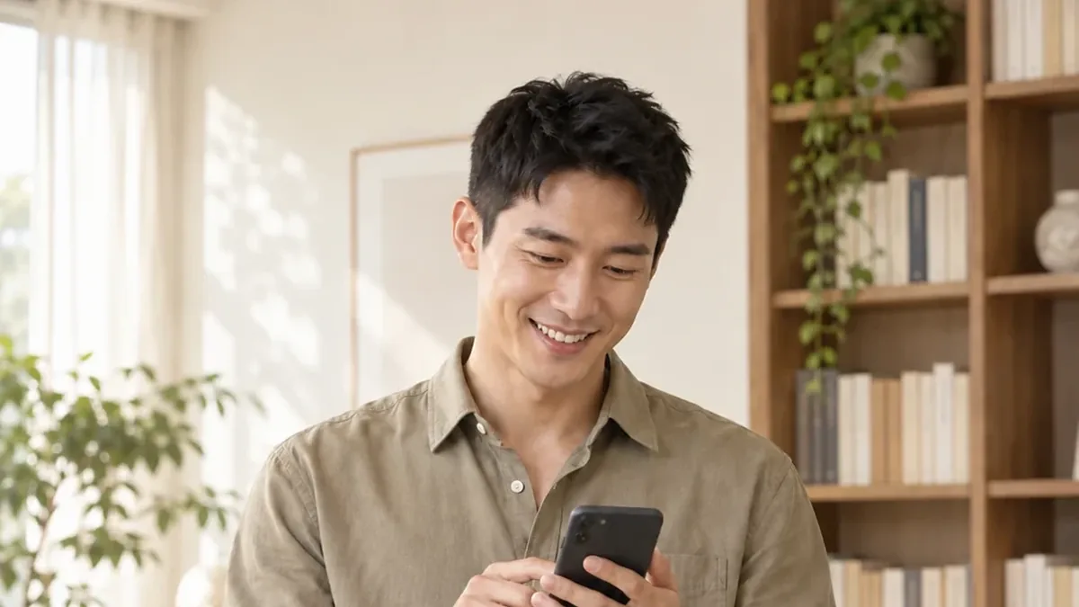 책장 앞에서 휴대폰을 보는 남성