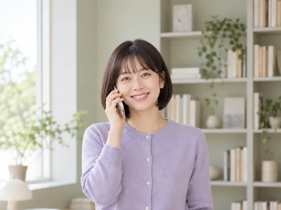 휴대폰으로 통화하는 연보라 카디건 여성