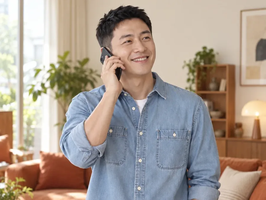 소액결제 한도 확인 휴대폰으로 통화하며 웃는 데님 셔츠 남성 24시 바로
