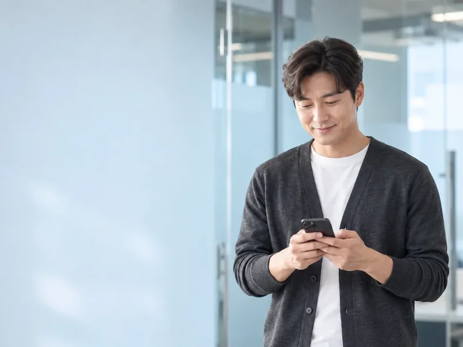 흰 벽 앞에서 휴대폰을 내려다보는 짙은 카디건 차림 남성