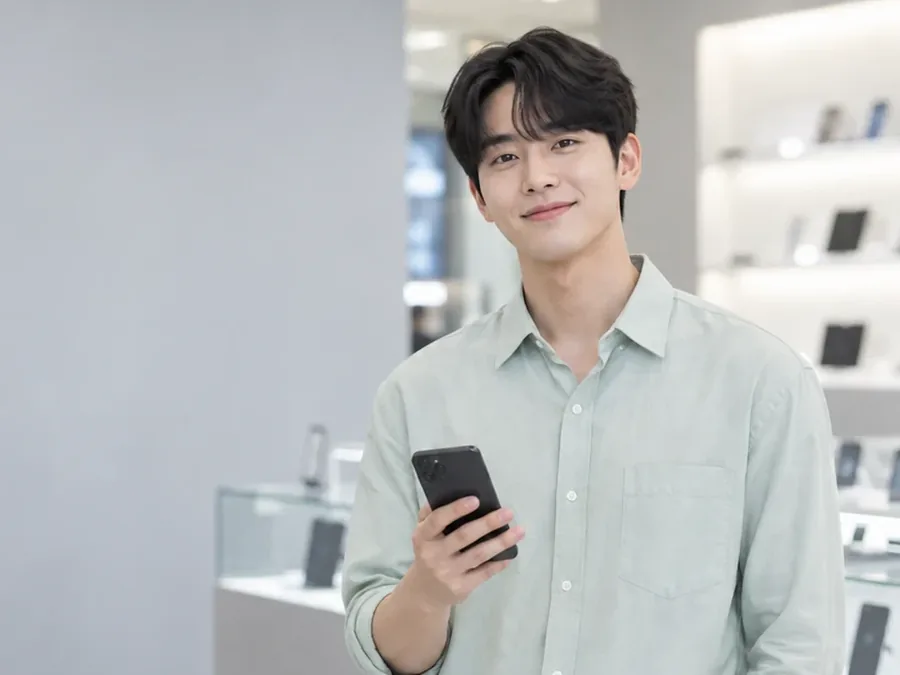 소액결제 결제대행사 확인 밝은 매장 안에서 휴대폰을 든 연두 셔츠 차림 남성 24시 바로