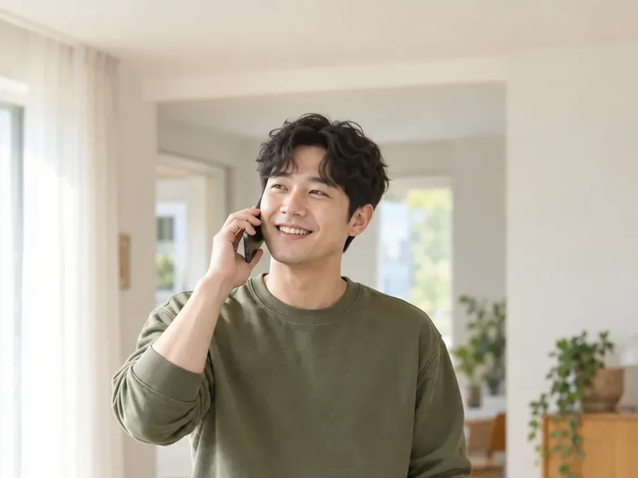 밝은 방에서 휴대폰으로 통화하며 웃는 카키색 니트 남성