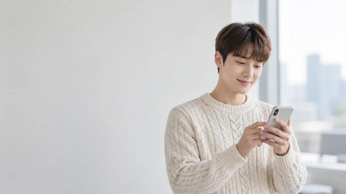 휴대폰을 보는 니트 차림 남성
