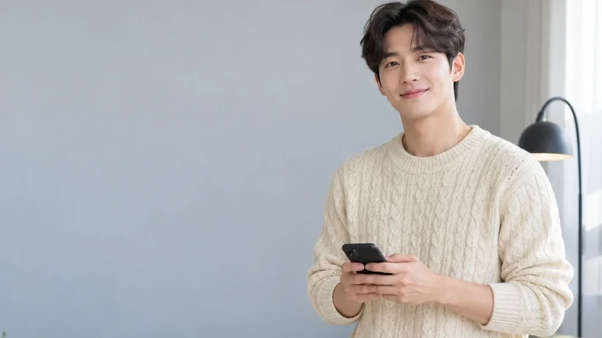 휴대폰을 든 니트 차림 남성