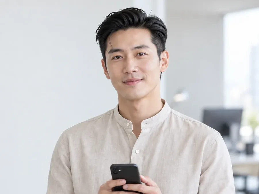 휴대폰을 든 셔츠 차림 남성