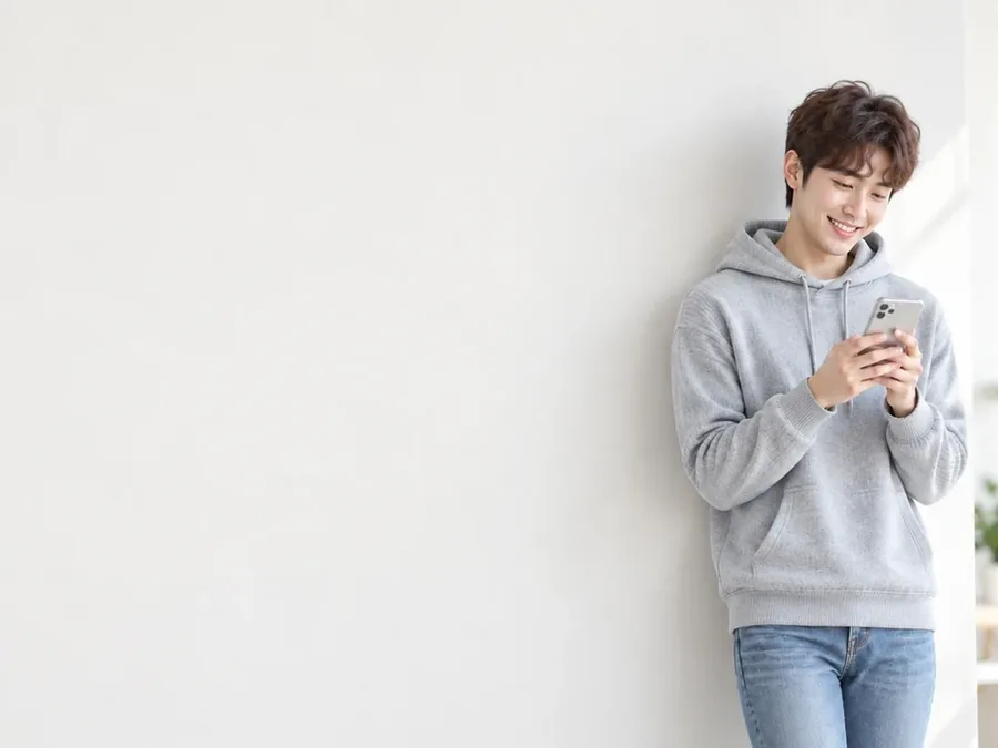 벽에 기대 휴대폰을 보는 후드티 차림 남성