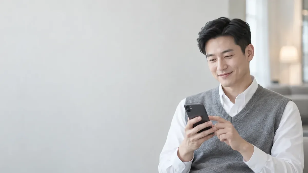 소액결제 신규정책 휴대폰을 보는 조끼 차림 남성 24시 바로