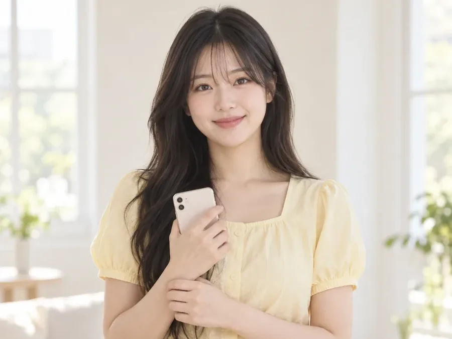 소액결제 신규정책 밝은 방에서 휴대폰을 든 노란 블라우스 여성 24시 바로