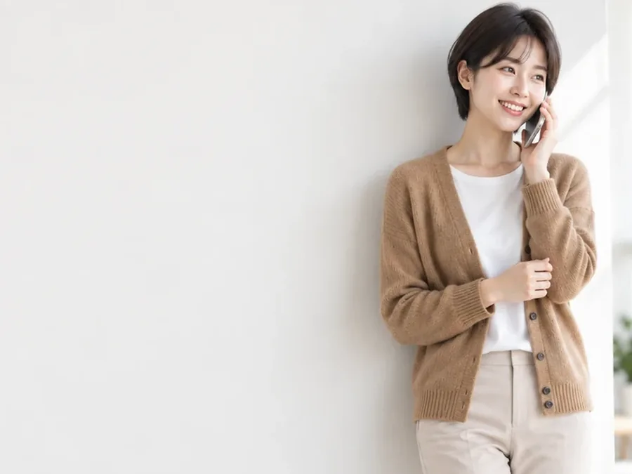 휴대폰으로 통화하는 카디건 차림 여성
