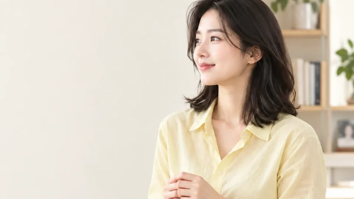 창가에 선 노란 셔츠 차림 여성